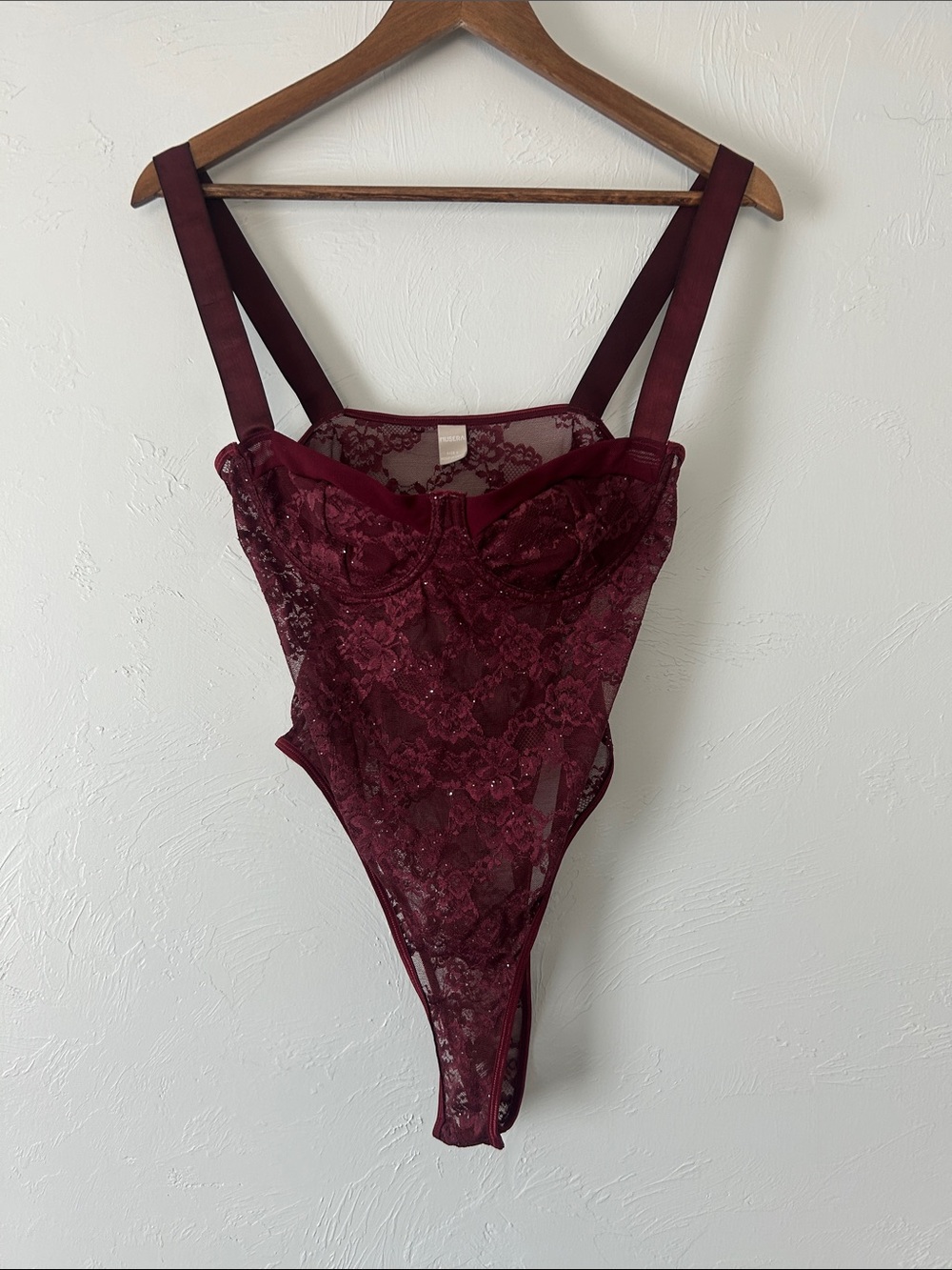 Lace Sheer Sequin Bodysuit in Burgundy